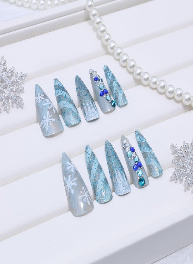 LRKNNO Christmas Press on Nails Medium Almond Fake Nails Blue Snowflake False Nails with 3D Rhinestones Designs Glitter Winter Glue on Nails Full Cover Acrylic Artificial Nail for Women DIY Manicure 24 Pcs - Image 4